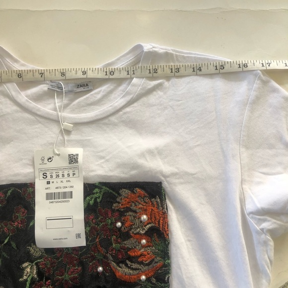 Zara W / B Velvet Patch Embroidered Floral and Pearls Details Short Sleeves Top - Picture 6 of 9